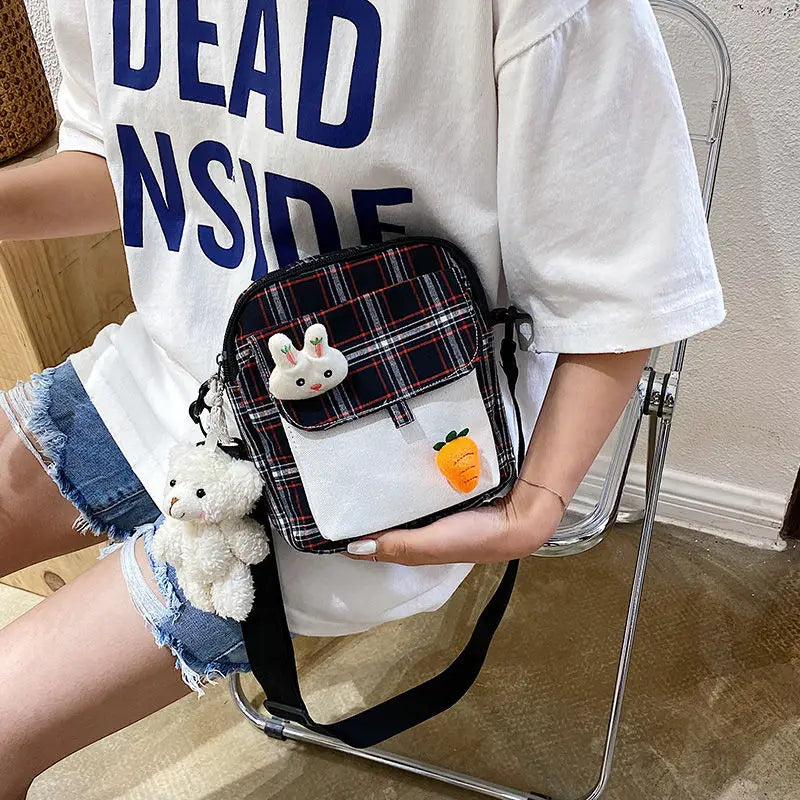 Plaid Canvas Messenger Bag Soft Girl Shoulder Bag