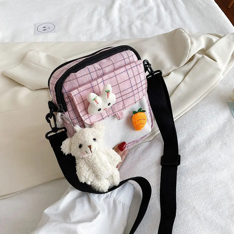 Plaid Canvas Messenger Bag Soft Girl Shoulder Bag