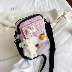 Plaid Canvas Messenger Bag Soft Girl Shoulder Bag