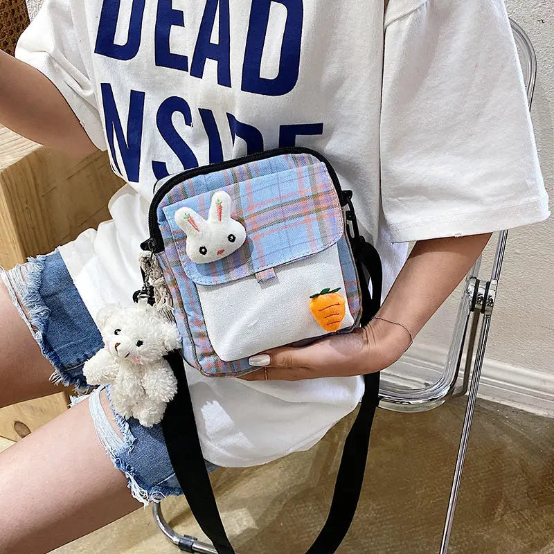 Plaid Canvas Messenger Bag Soft Girl Shoulder Bag
