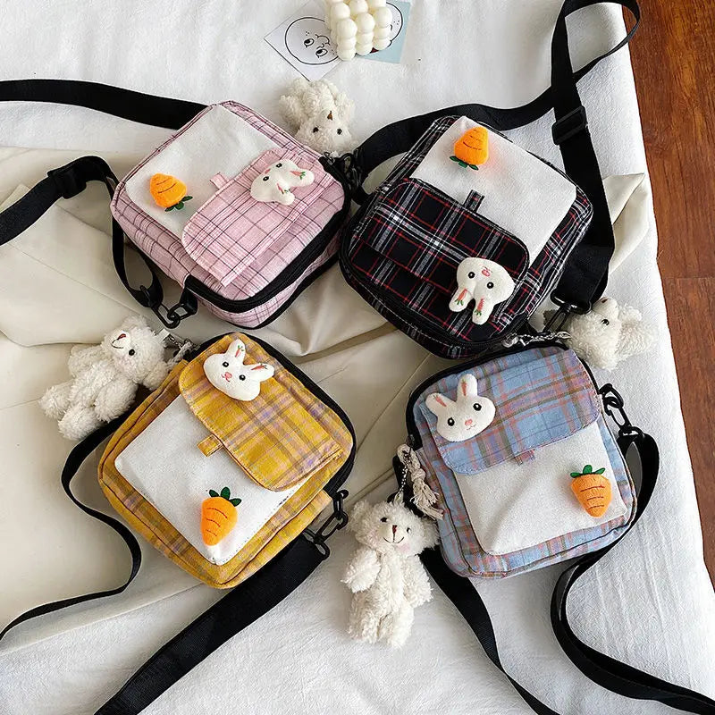 Plaid Canvas Messenger Bag Soft Girl Shoulder Bag