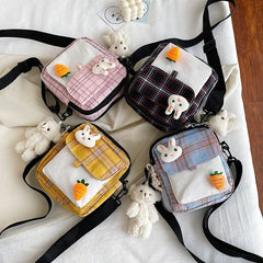 Plaid Canvas Messenger Bag Soft Girl Shoulder Bag