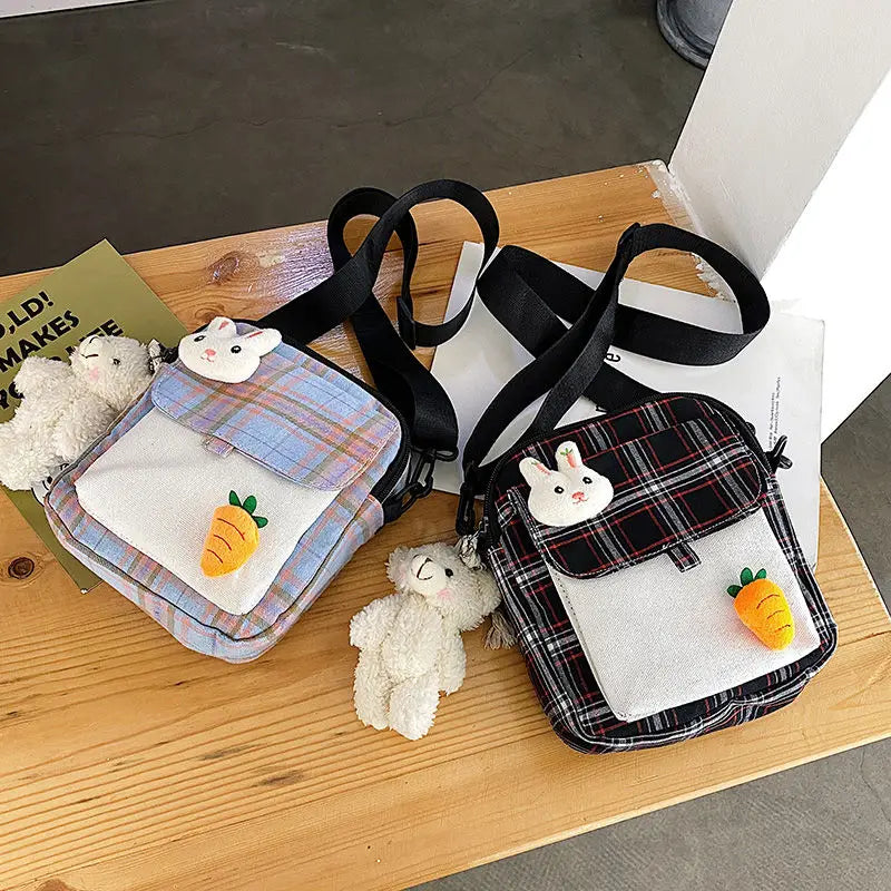 Plaid Canvas Messenger Bag Soft Girl Shoulder Bag