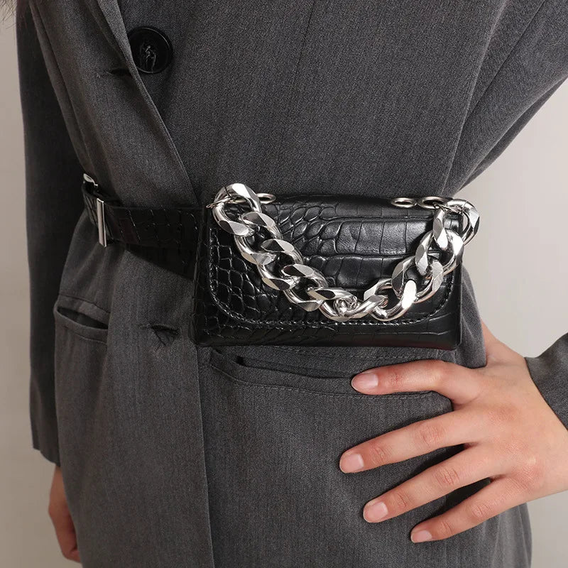 Square Women Crocodile Fanny Pack Stylish PU Leather Waist Shoulder Bag