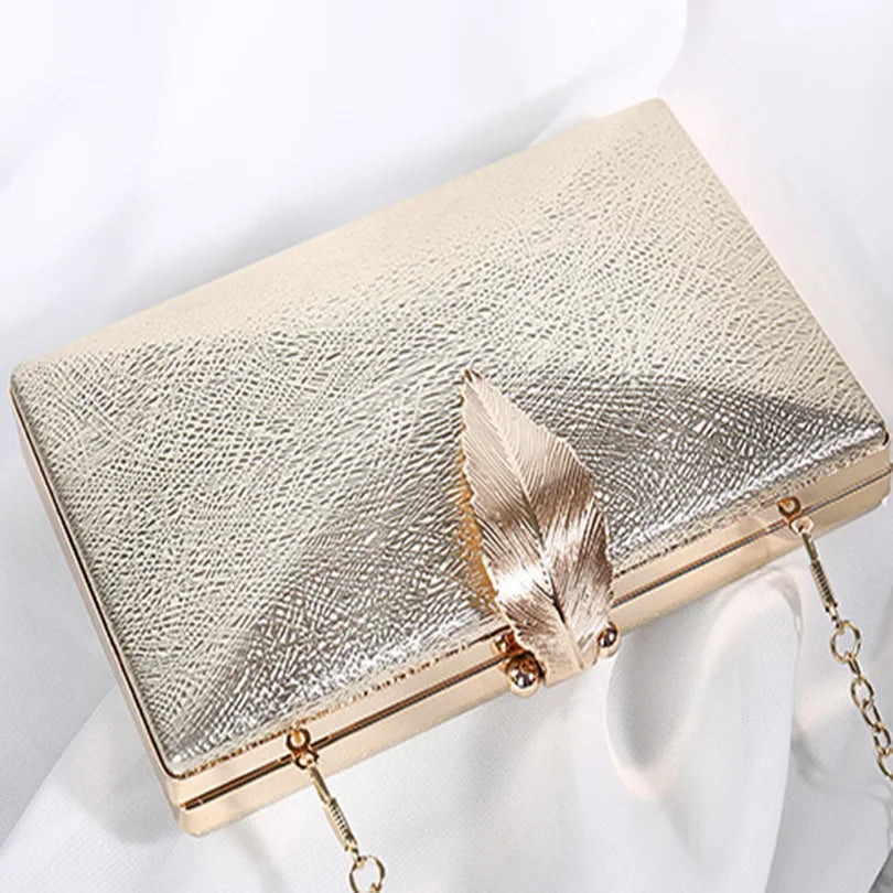 Women Leaf Lock Metal Evening Purse Messenger Crossbody Clutch Bags