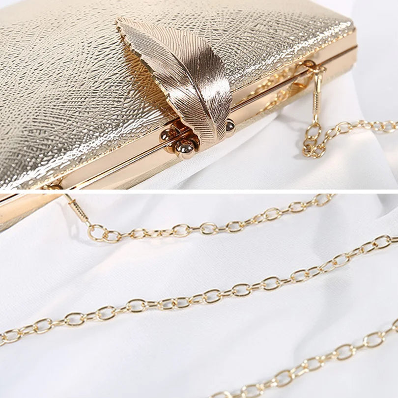 Women Leaf Lock Metal Evening Purse Messenger Crossbody Clutch Bags