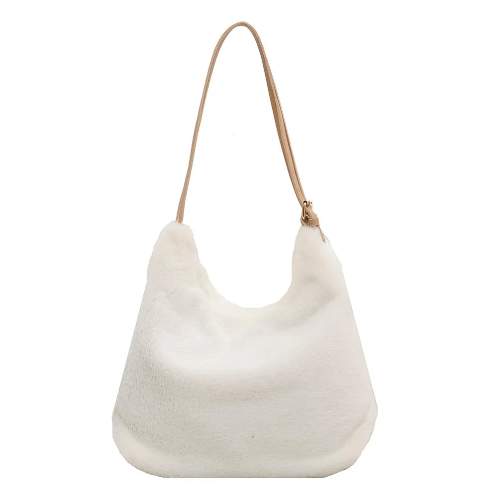 Women Plush Double Strap Handbag Soft Fur Fabric Large Capacity Shopping Bags