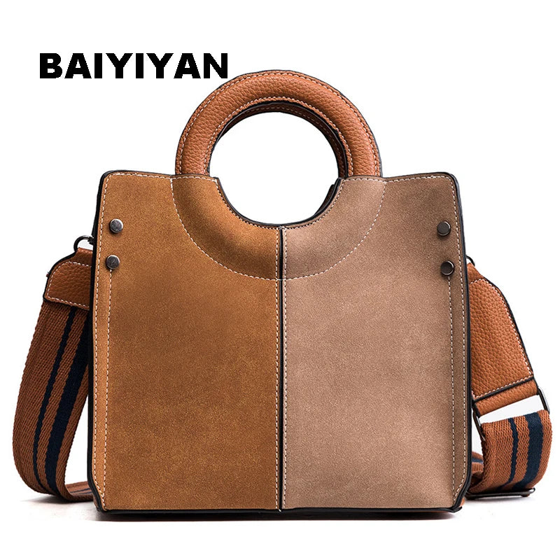 Nubuck Leather Women's Tote Bag Patchwork Shoulder Bag