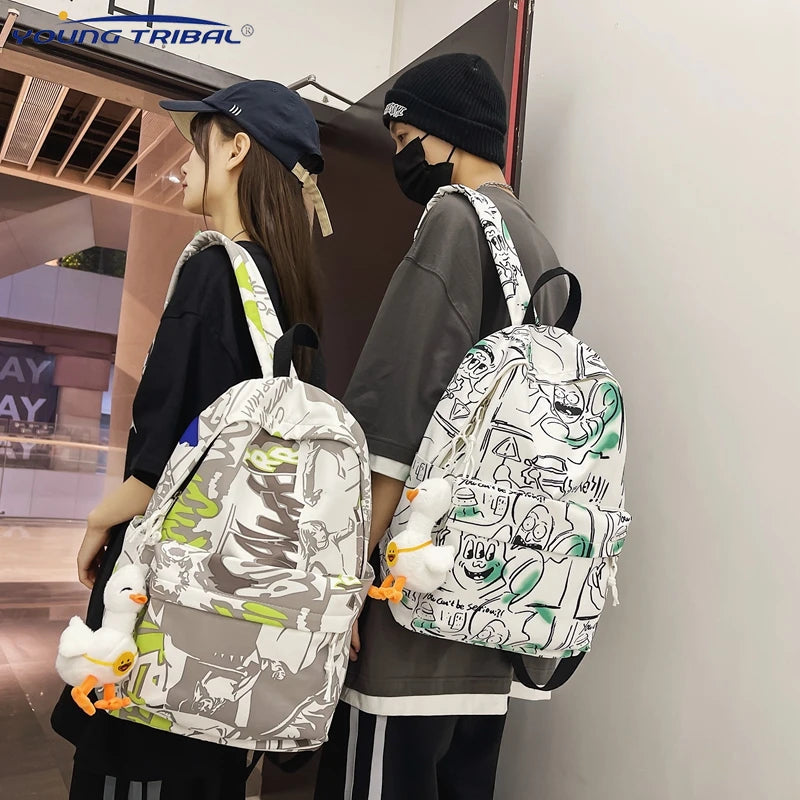 Nylon Backpack High Capacity School Bag Autumn Graffiti Shoulder Bag