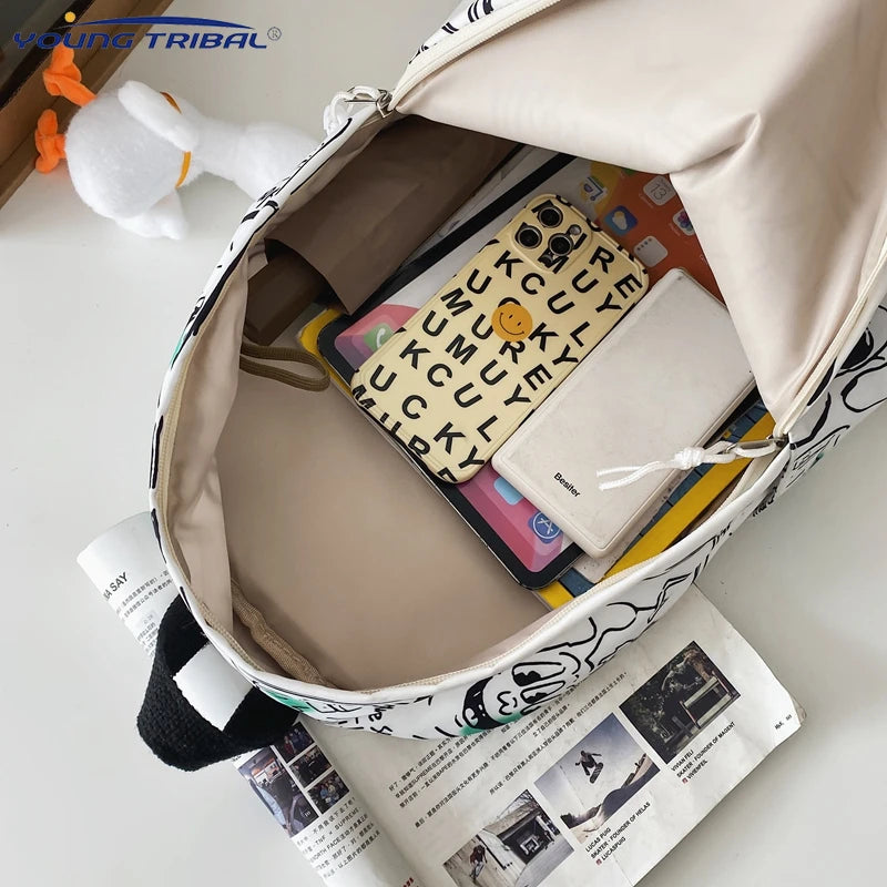 Nylon Backpack High Capacity School Bag Autumn Graffiti Shoulder Bag