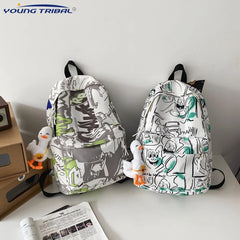 Nylon Backpack High Capacity School Bag Autumn Graffiti Shoulder Bag