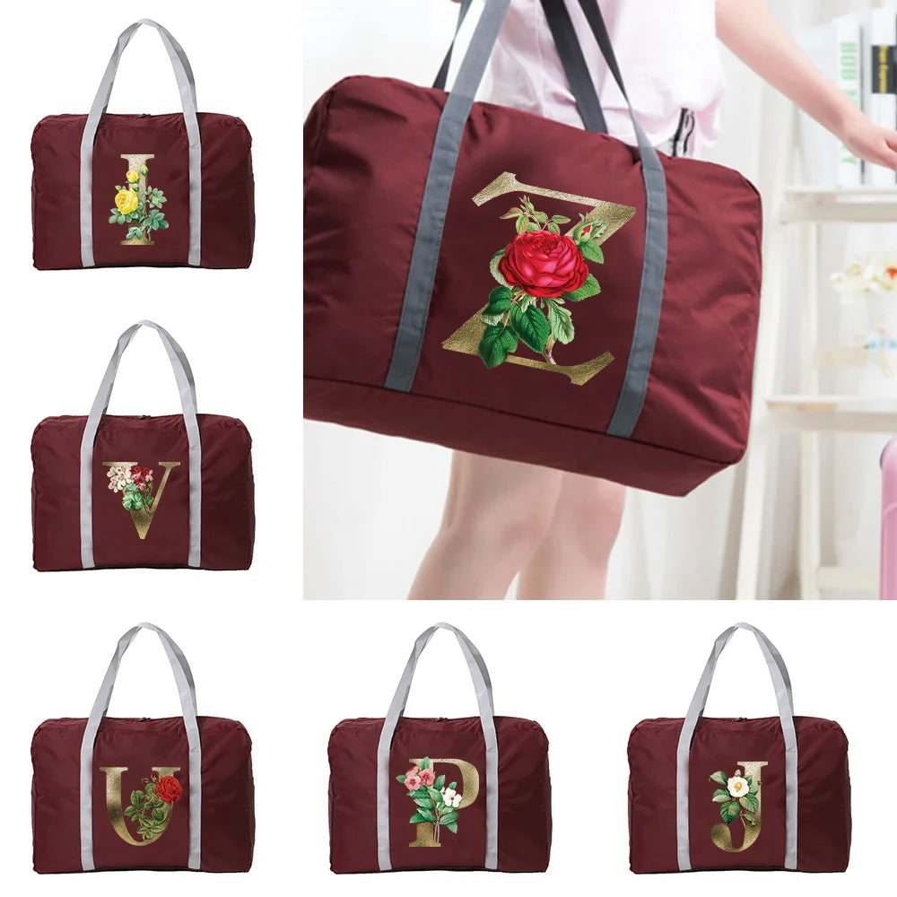 Nylon Foldable Travel Bags Golden Flower Large Capacity Luggage Bag