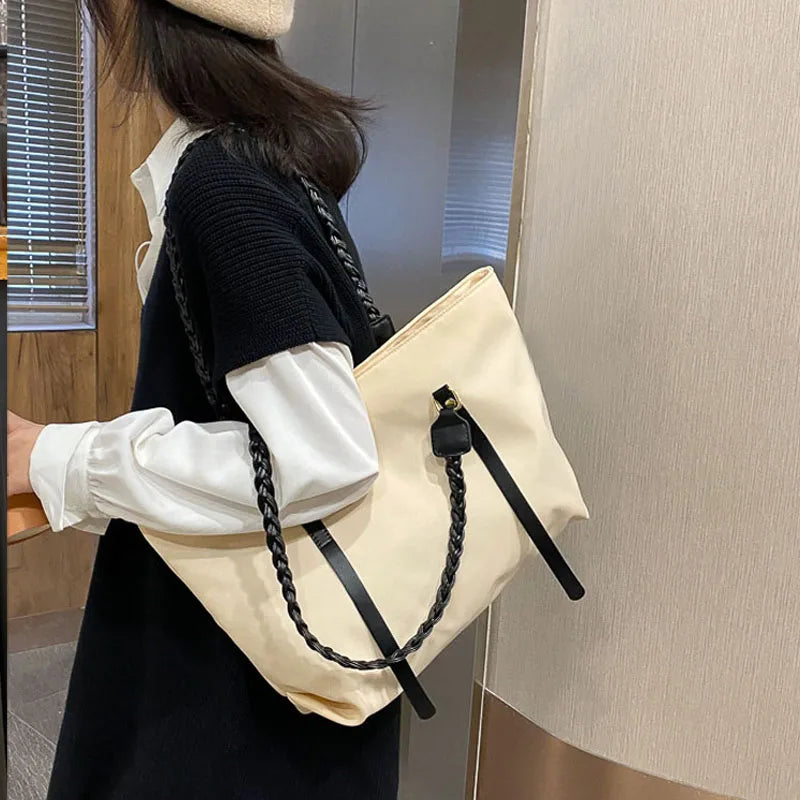 Large Capacity Women's Nylon Shoulder Bag with Braided Strap