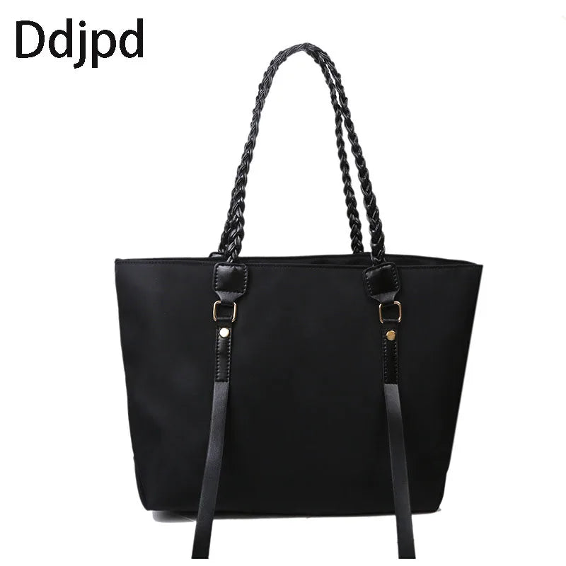 Large Capacity Women's Nylon Shoulder Bag with Braided Strap