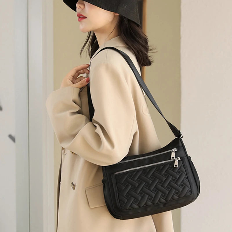 Embroidered Oxford Shoulder Bag Crossbody Messenger Multi-pocket Purse Handbag