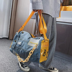 Oxford Denim Travel Bag Patchwork Gym Hand Luggage Duffle Weekend Bag