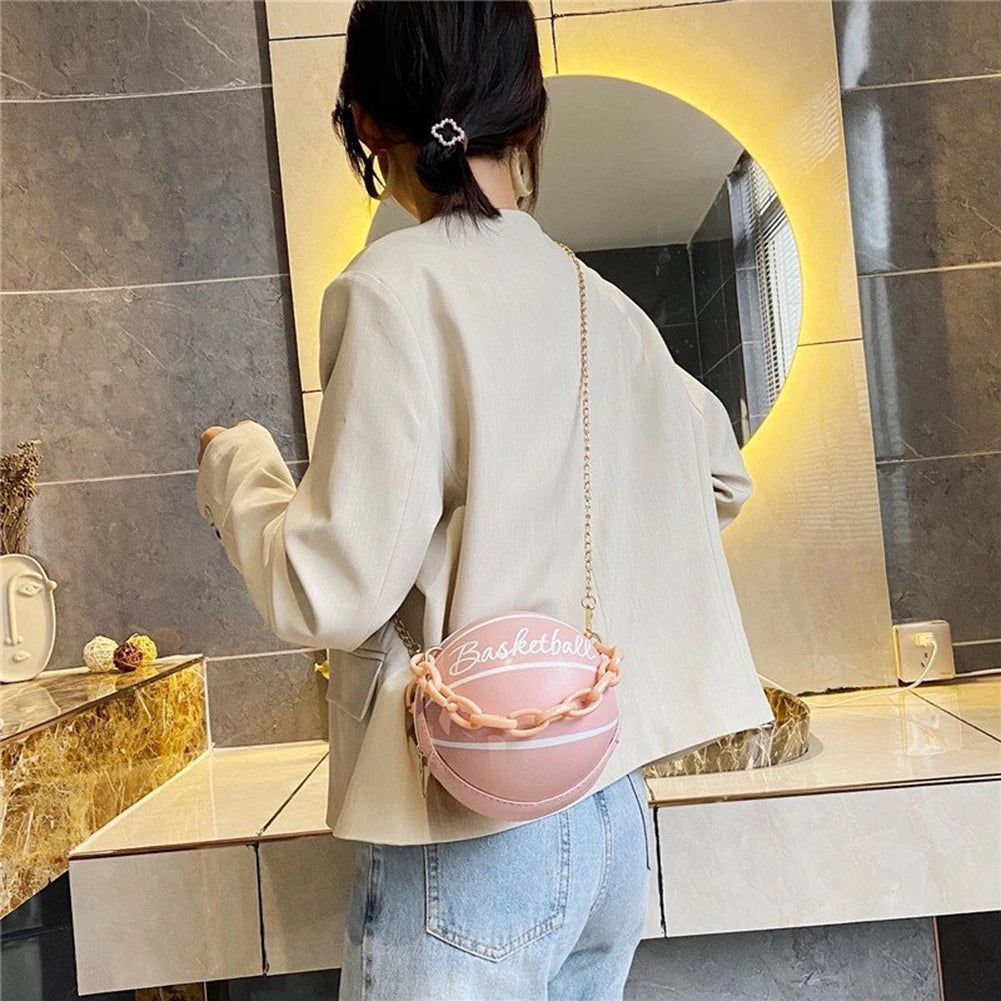 Basketball Chain Women Round Handbags PU Leather Shoulder Messenger Bag