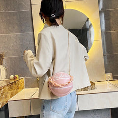 Basketball Chain Women Round Handbags PU Leather Shoulder Messenger Bag