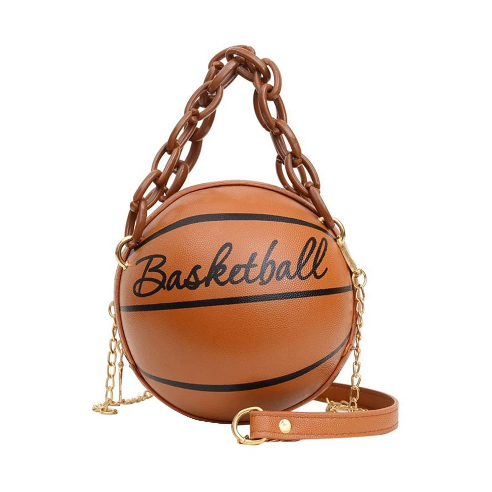 Basketball Chain Women Round Handbags PU Leather Shoulder Messenger Bag
