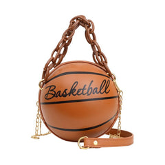Basketball Chain Women Round Handbags PU Leather Shoulder Messenger Bag
