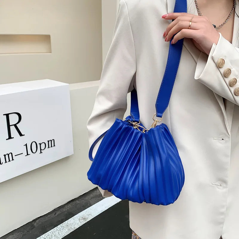 Summer Bucket Shoulder Bag with Pleats for Women