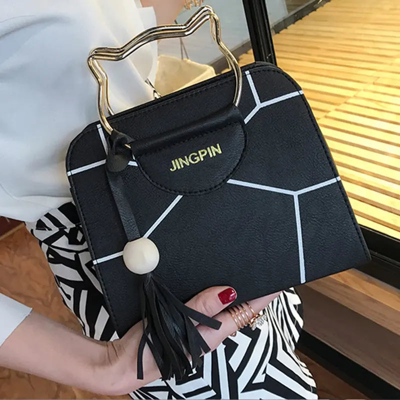 PU Leather Top-handle Women Handbag Tassel Shoulder Bag Casual Patchwork Tote
