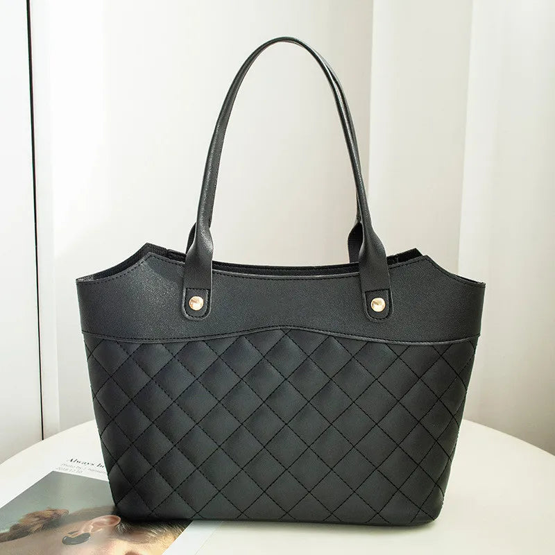 PU Leather Tote Bag Rhombic Jacquard Letter Label Style