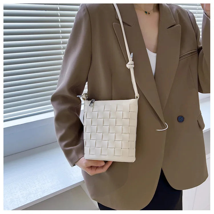 Vintage PU Leather Woven Shoulder Bag for Women Handbags and Purses