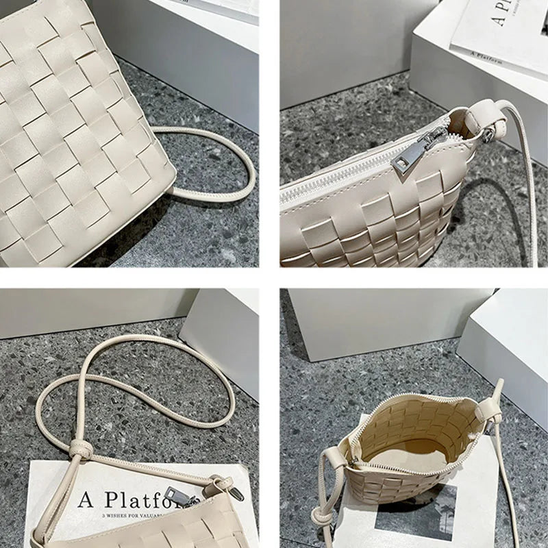 Vintage PU Leather Woven Shoulder Bag for Women Handbags and Purses