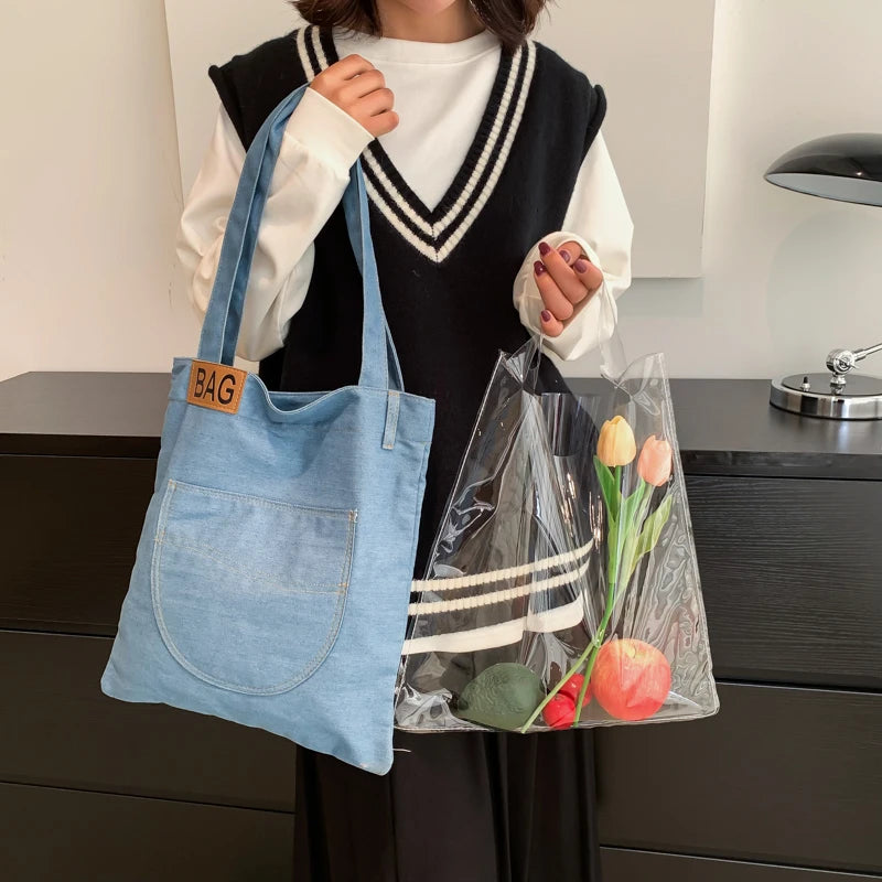 Reusable Denim Shopper Bag Large Capacity Waterproof Handbag