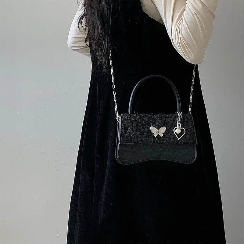 Pearl Chain Small Square Shoulder Bag Retro Butterfly Messenger Bags