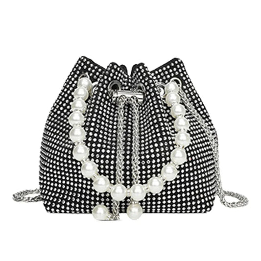 Pearl Women Bucket Shoulder Bag Evening Party Silver Purse