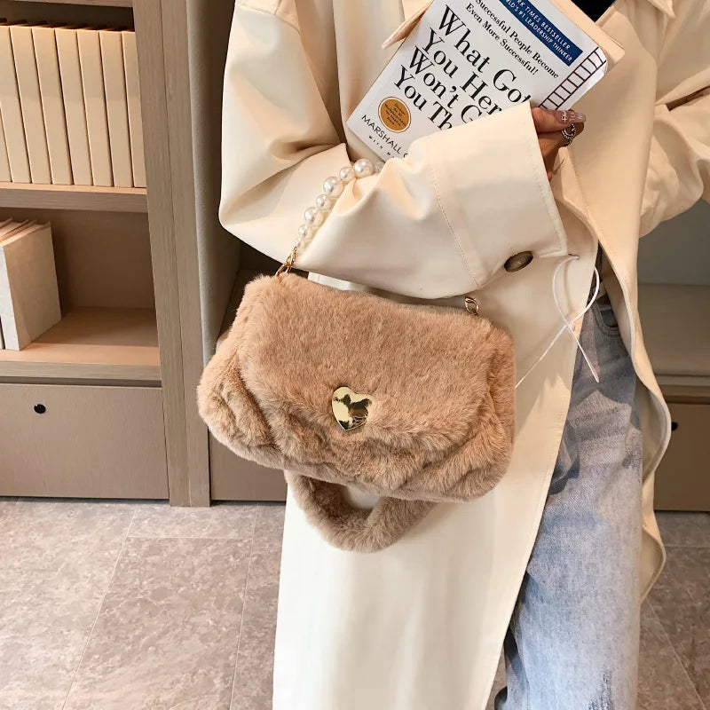 Pearls Chains Fluffy Women Shoulder Bags Soft Plush Lady Handbags