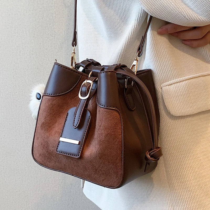 Plaid Bucket Bag Nubuck PU Leather Small Tote