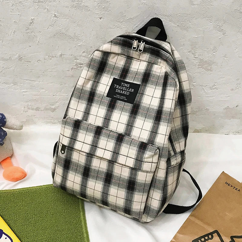 Plaid Canvas Women Backpack Student Bag