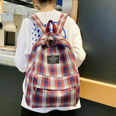 Plaid Canvas Women Backpack Student Bag