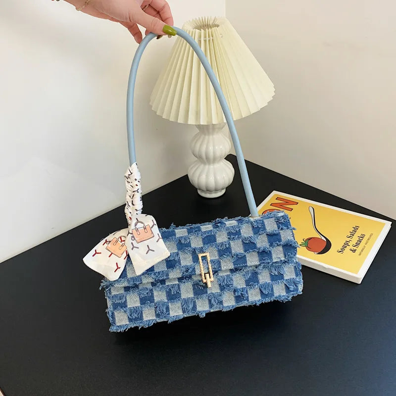 Plaid Chain Shoulder Bag Denim Underarm Bag Party
