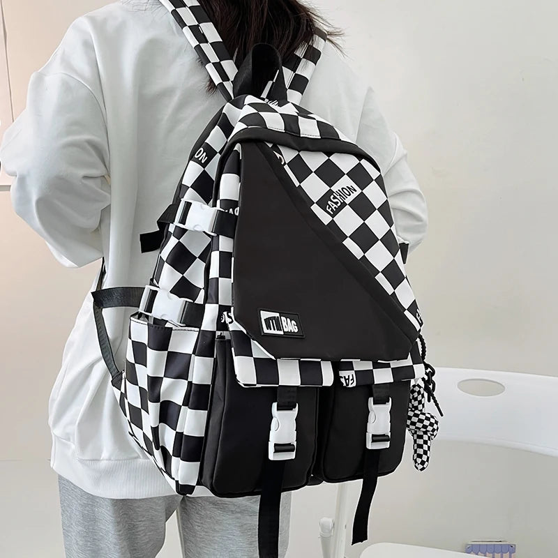 Plaid Nylon Women Backpack College Student Backpack Large Capacity Waterproof