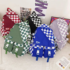 Plaid Nylon Women Backpack College Student Backpack Large Capacity Waterproof