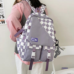 Plaid Nylon Women Backpack College Student Backpack Large Capacity Waterproof