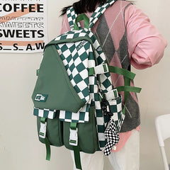 Plaid Nylon Women Backpack College Student Backpack Large Capacity Waterproof