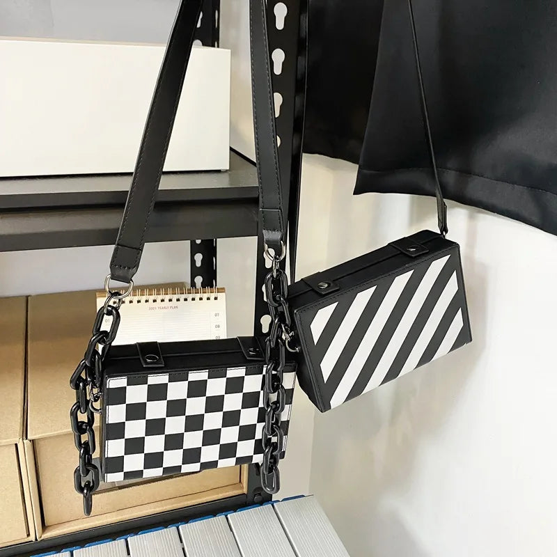 Plaid Striped Box Bag Pu Women Handbag Shoulder Bag Crossbody Bag