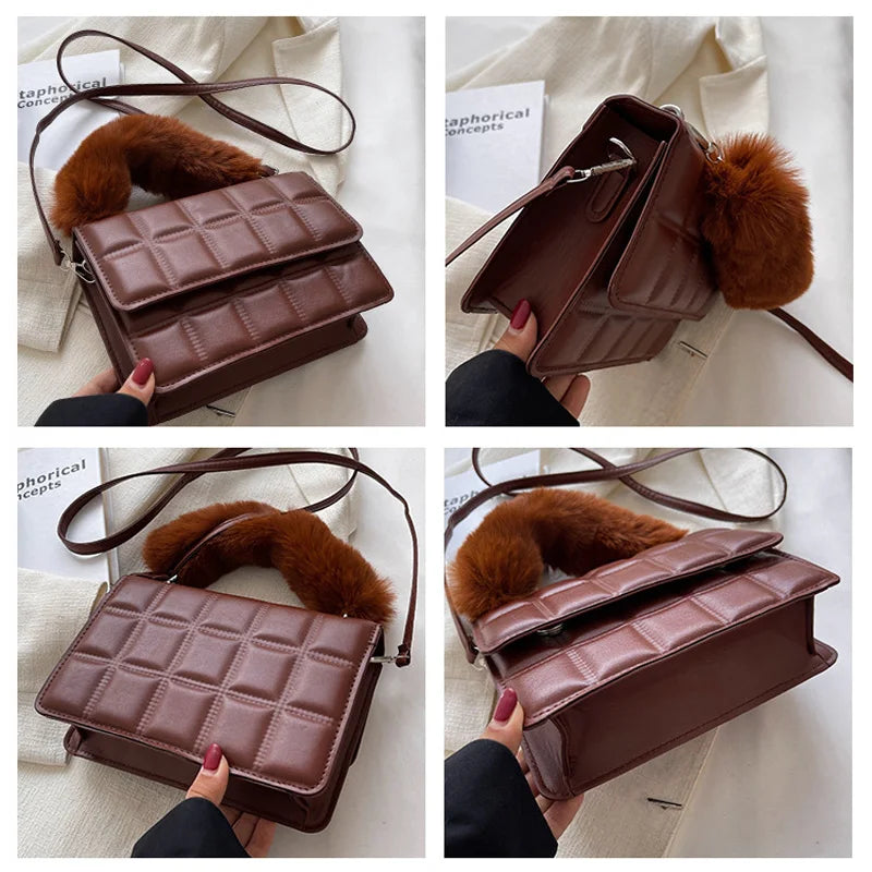 Plaid Women Shoulder Bag with Winter Hairy Handle