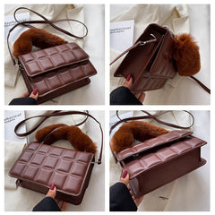 Plaid Women Shoulder Bag with Winter Hairy Handle