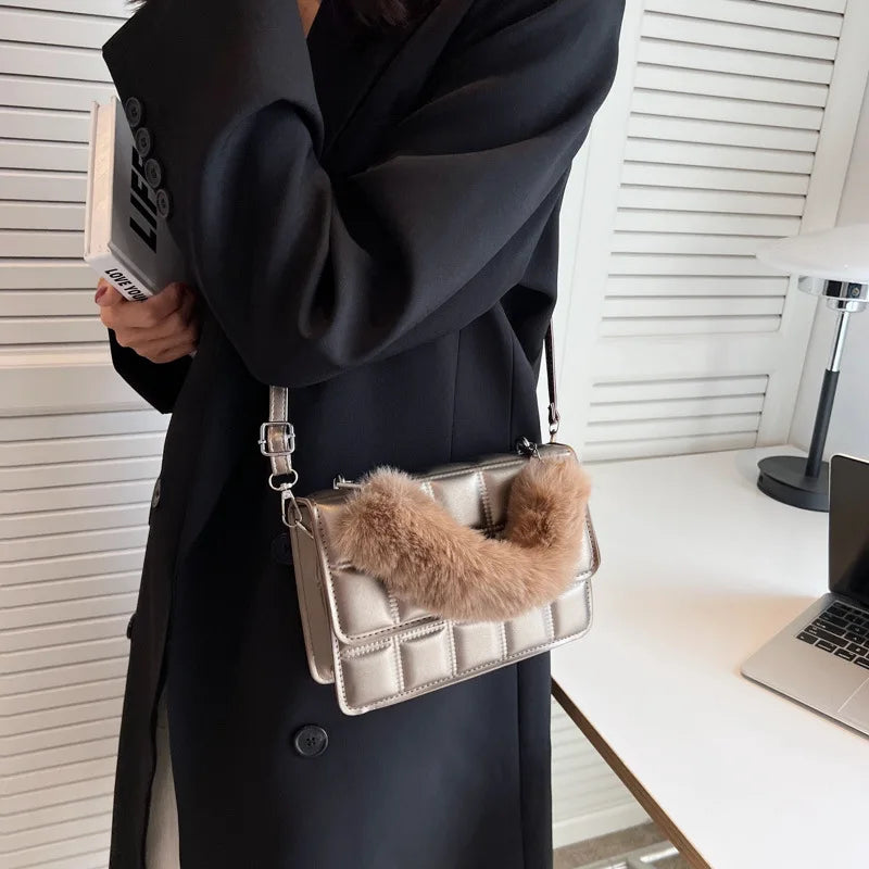 Plaid Women Shoulder Bag with Winter Hairy Handle