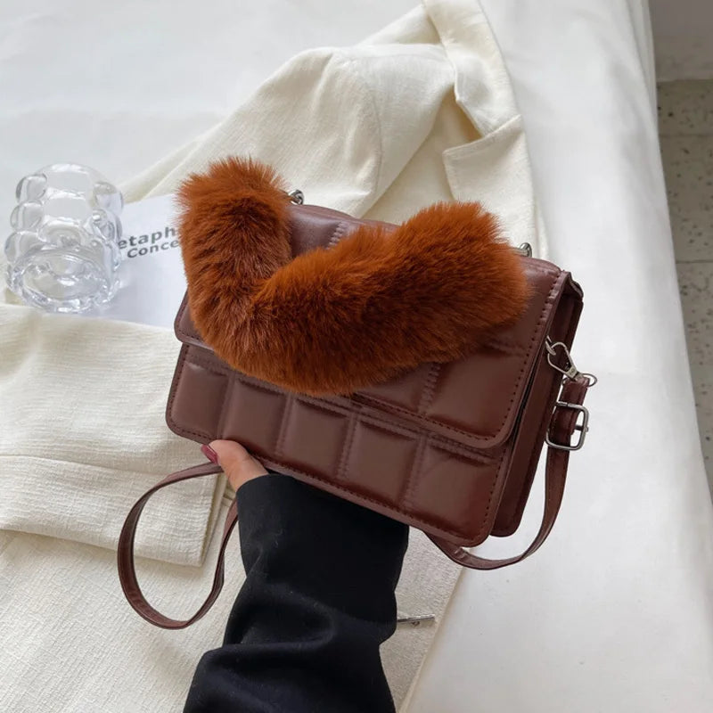 Plaid Women Shoulder Bag with Winter Hairy Handle
