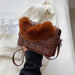 Plaid Women Shoulder Bag with Winter Hairy Handle