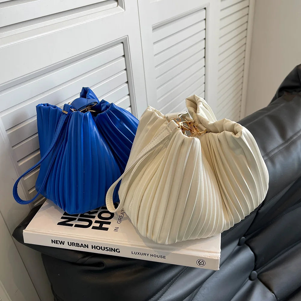 Pleated Crossbody Handbags PU Leather Women Solid Bucket Shoulder Bags