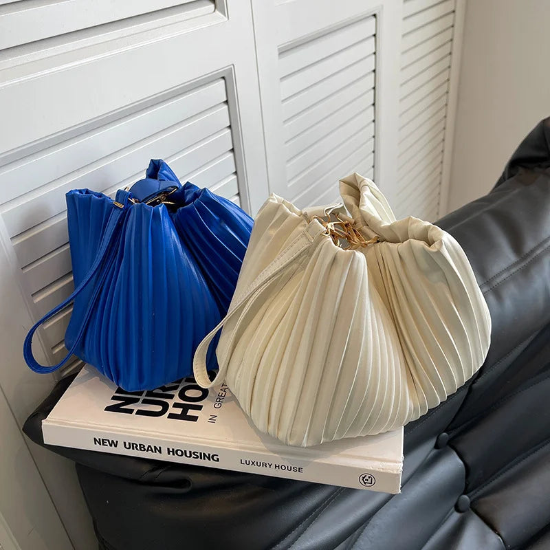 Pleated Crossbody Handbags PU Leather Bucket Coin Purse Casual Shoulder Bags