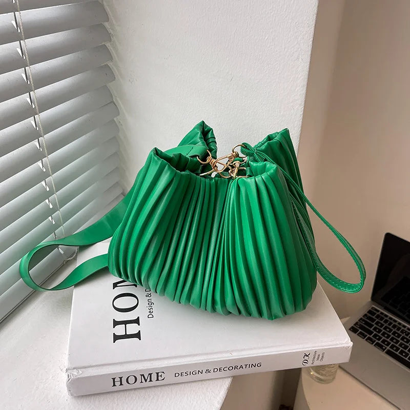 Pleated Crossbody Handbags PU Leather Bucket Coin Purse Casual Shoulder Bags